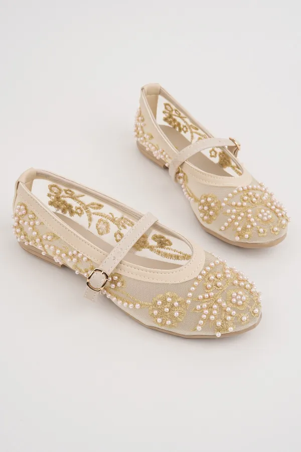 Muggo LACE Women's Mesh Detail Beaded Strappy Stylish Casual Ballet Flats Muggo LACE Women's Mesh Detail Beaded Strappy Stylish Casual Ballet Flats