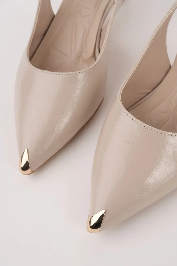 Muggo VUXIA Pointed Toe Metal Toe Detail Open Back Women's High Heel Shoes