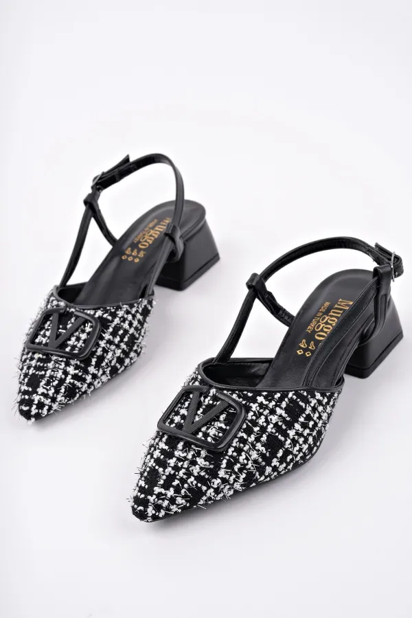 Muggo JUMANİ Sivri Burun Tokalı Arkası Açık Klasik Kısa Topuklu Kadın Ayakkabı