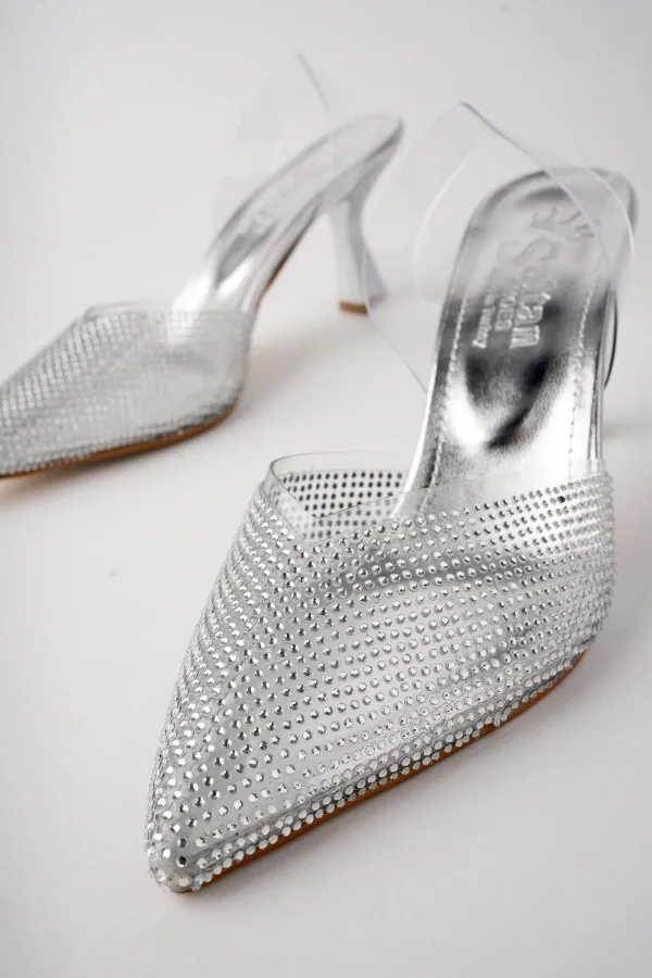 Muggo JULİET Garantili Kadın Sivri Burun Parlak Taşlı Arkası Açık Şeffaf Bantlı Topuklu Ayakkabı