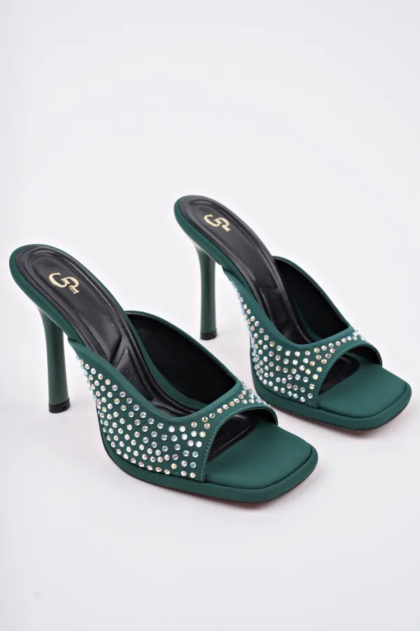 Muggo PUJA Küt Burun İnce Topuklu Taşlı Kadın Topuklu Terlik