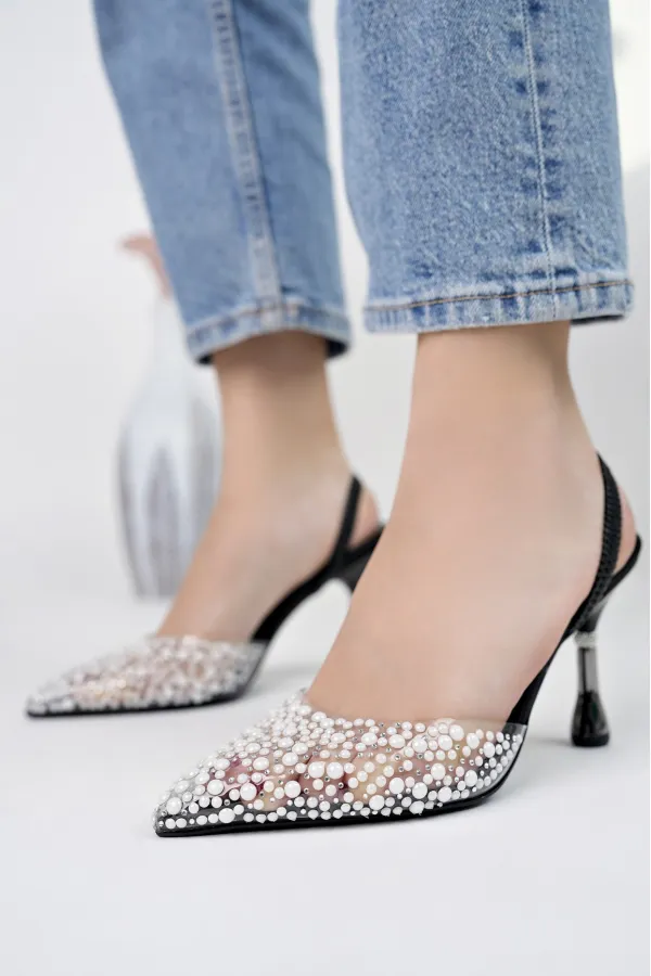 Muggo MARGARET Rhinestone Embellished Pointed Toe Open Back Elastic Women's Classic High Heel Shoes