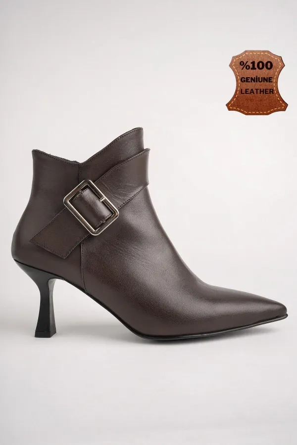 Muggo MONİCA Garantili Hakiki Deri Kemer ve Toka Detaylı Fermuarlı İnce Topuklu Kadın Bot 
