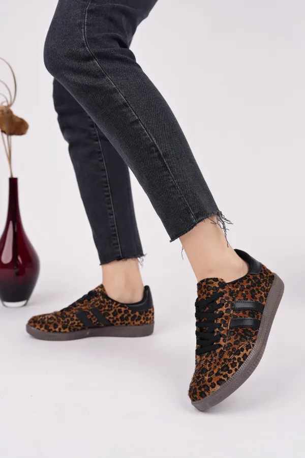 Muggo LEOPARD Garantili Kadın Ortopedik Günlük Bağcıklı Yürüyüş Leopar Desenli Sneaker Spor Ayakkabı