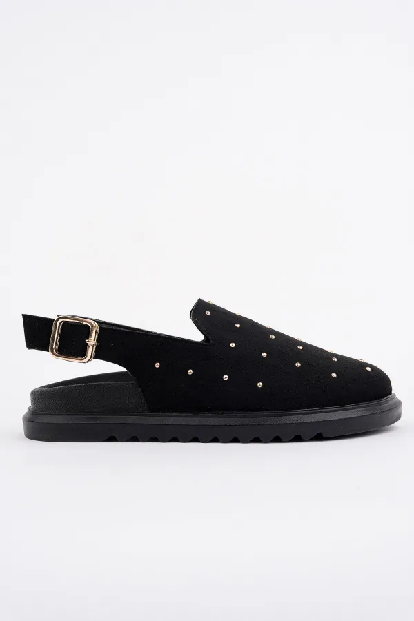 Muggo LİLOW Süet Deri Gold Zımbalı Ayarlanabilir Tokalı Günlük Rahat Önü Kapalı Kadın Sandalet