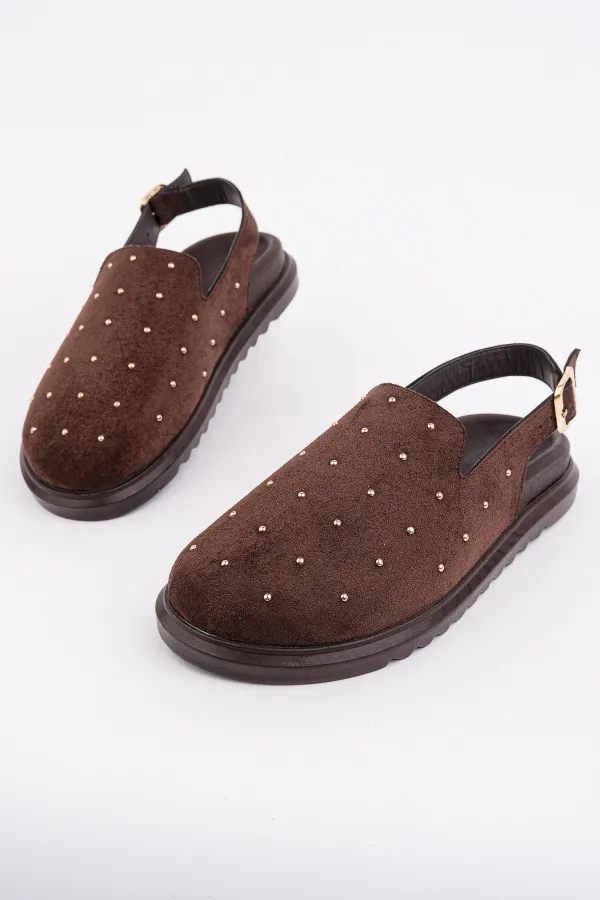 Muggo LİLOW Süet Deri Gold Zımbalı Ayarlanabilir Tokalı Günlük Rahat Önü Kapalı Kadın Sandalet