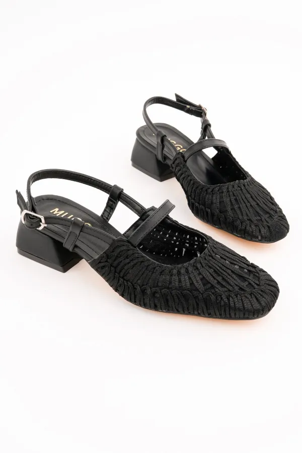 Muggo MESH Kadın Örgü ve File Detaylı Bantlı Arkası Açık Kısa Topuklu Ayakkabı