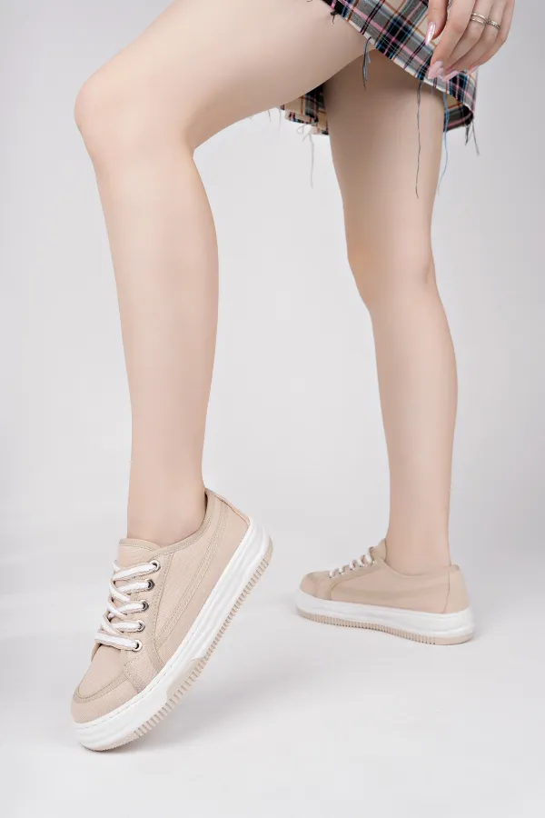 Muggo CARİNA Kalın Taban Keten Kumaş Bağcıklı Kadın Günlük Sneaker Spor Ayakkabı