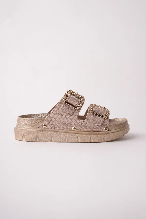 Muggo GLITZA Shiny Textured Double Buckle Casual Women's Slippers Muggo GLITZA Shiny Textured Double Buckle Casual Women's Slippers