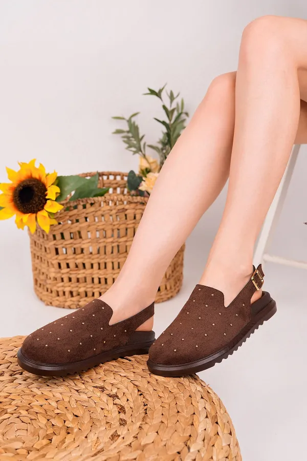 Muggo LİLOW Süet Deri Gold Zımbalı Ayarlanabilir Tokalı Günlük Rahat Önü Kapalı Kadın Sandalet