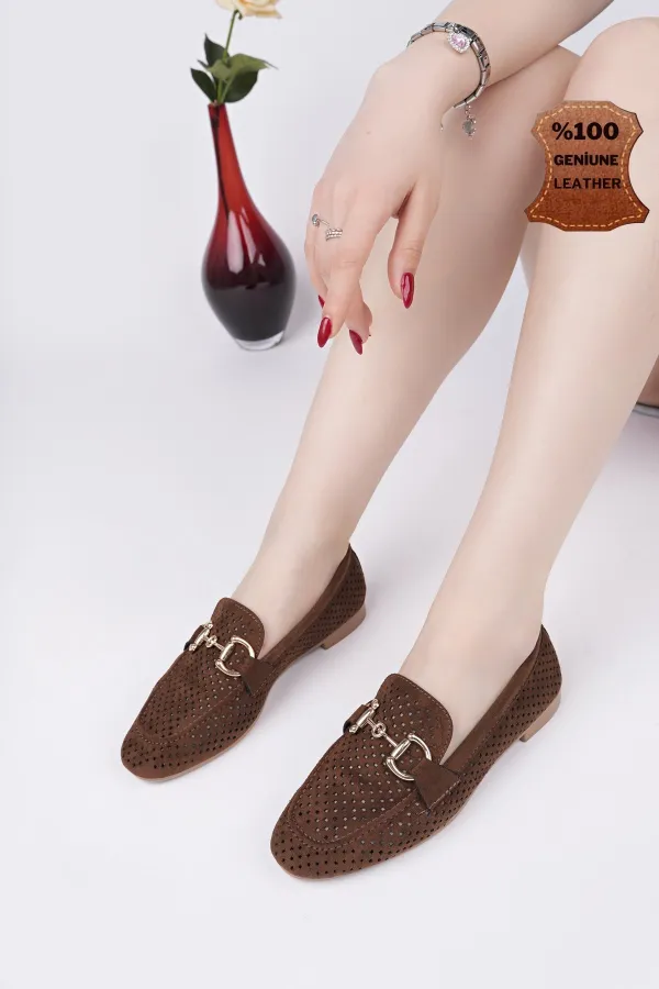 Muggo PHUKET Guaranteed Metal Buckle Laser-Cut Breathable Leather Women's Loafer Casual Shoes Muggo PHUKET Guaranteed Metal Buckle Laser-Cut Breathable Leather Women's Loafer Casual Shoes
