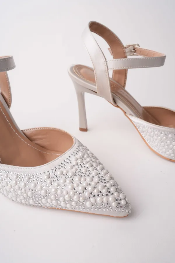 Muggo CLUJ Pearl Embellished Pointed Toe Ankle Strap Women's Dress High Heels