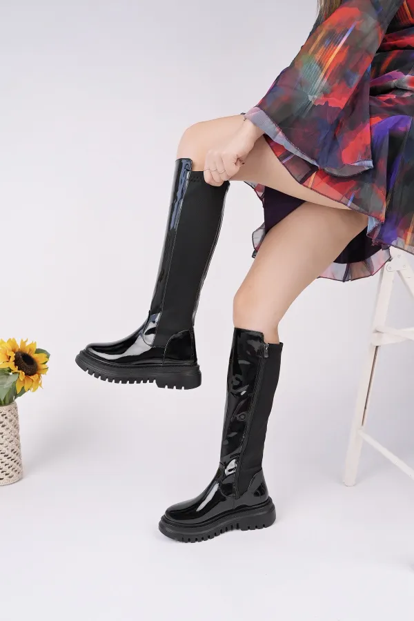 Bottes Muggo NEROX pour femmes, semelle épaisse, détails extensibles et fermeture éclair