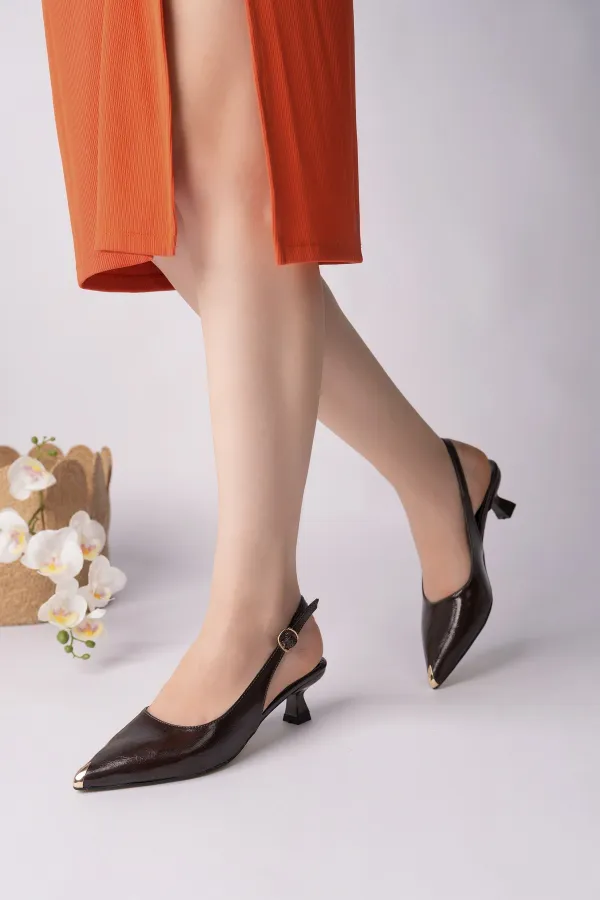 Muggo VUXIA Pointed Toe Metal Toe Detail Open Back Women's High Heel Shoes