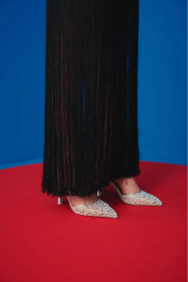 Muggo MARGARET Rhinestone Embellished Pointed Toe Open Back Elastic Women's Classic High Heel Shoes