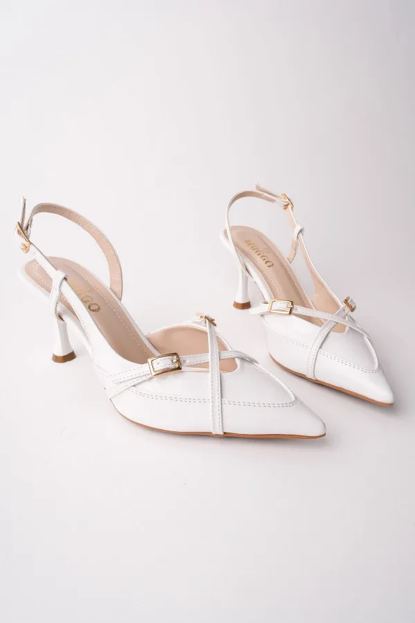 Muggo ICONS Pointed Toe Open Back Belt Detail Two Strap Women's High Heel Shoes