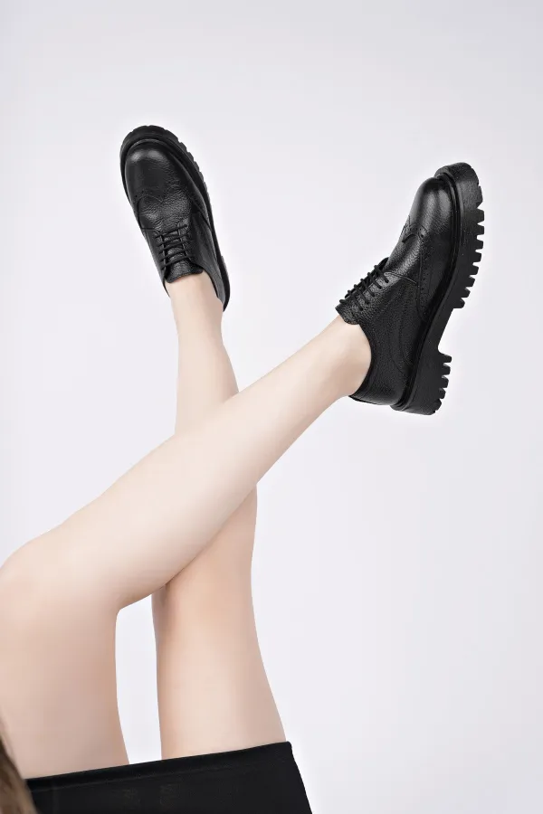 Muggo AMOUR  Bağcıklı Hakiki Deri Kalın Taban Günlük Casual Makosen Kadın Loafer Ayakkabı