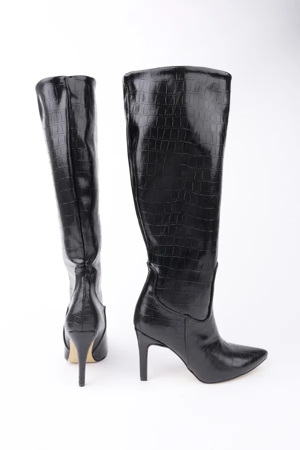 Bottes pour femmes Muggo CLARISSA à bout pointu et talon fin, motif crocodile