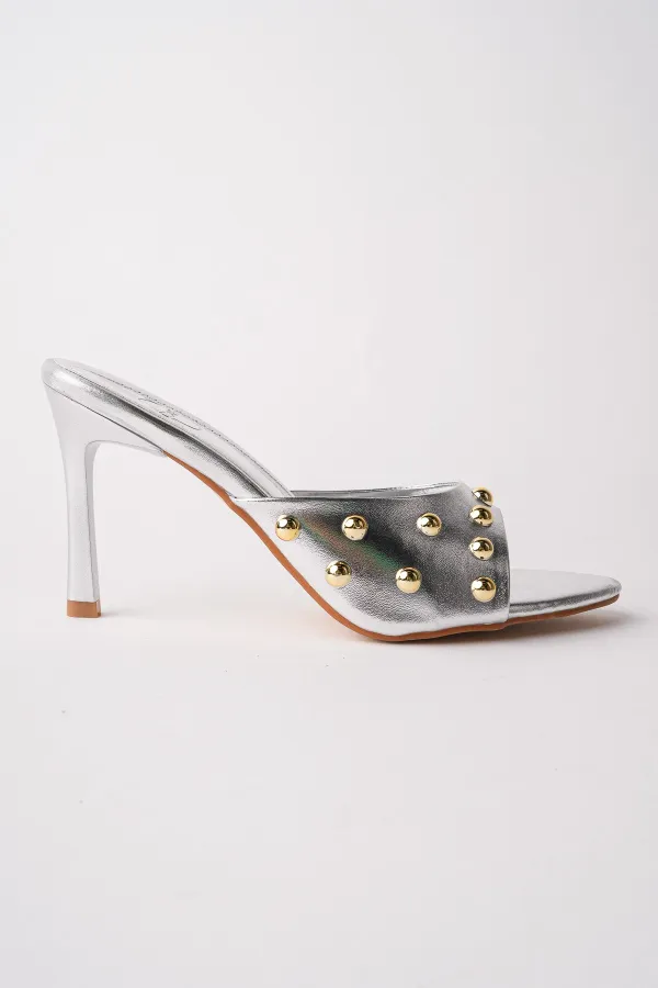 Muggo HELENA Women's Studded Pointed Toe Metal Detailed Stiletto Heeled Slippers
