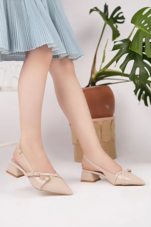 Muggo LUMINA Pointed Toe Open Back Belt Detail Two Strap Women's Low Heel Shoes