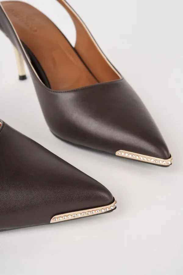 Muggo STARLYN Pointed Toe Open Back Women's High Heels with Stone Embellishments