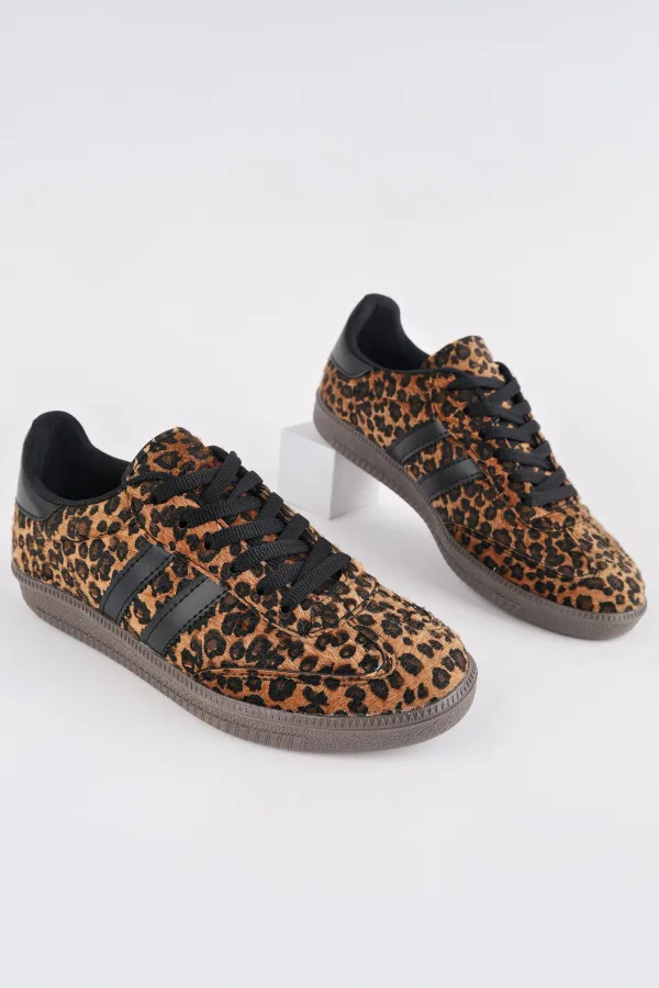 Muggo LEOPARD Garantili Kadın Ortopedik Günlük Bağcıklı Yürüyüş Leopar Desenli Sneaker Spor Ayakkabı