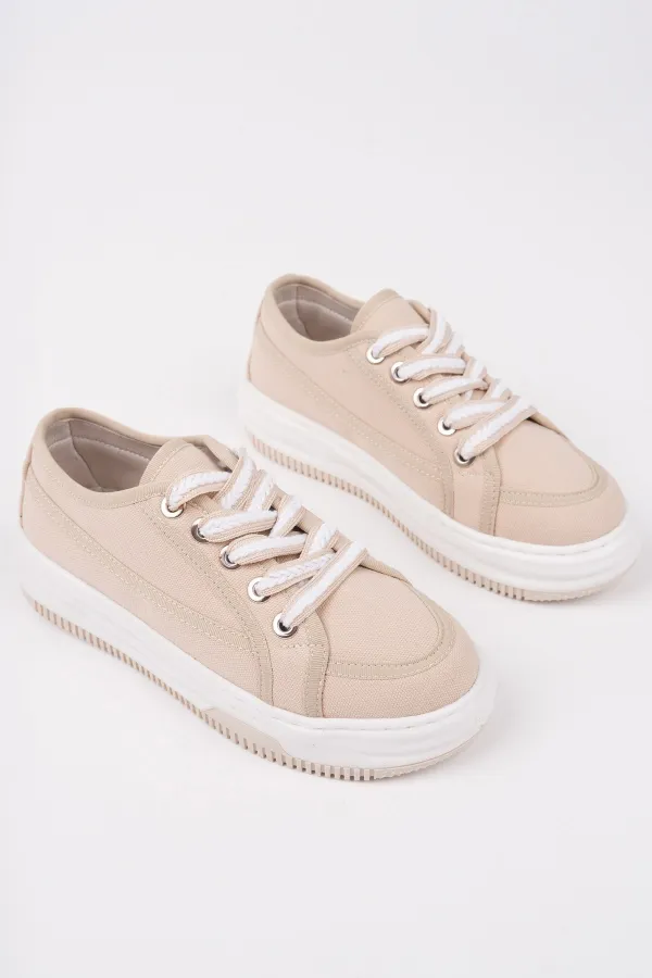 Muggo CARİNA Kalın Taban Keten Kumaş Bağcıklı Kadın Günlük Sneaker Spor Ayakkabı