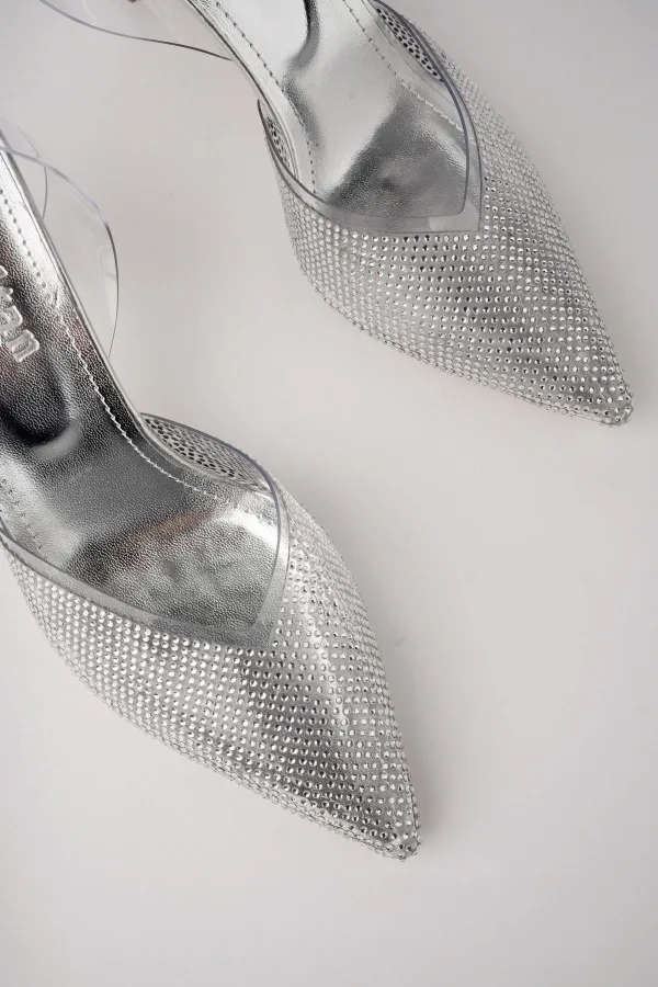 Muggo JULİET Garantili Kadın Sivri Burun Parlak Taşlı Arkası Açık Şeffaf Bantlı Topuklu Ayakkabı