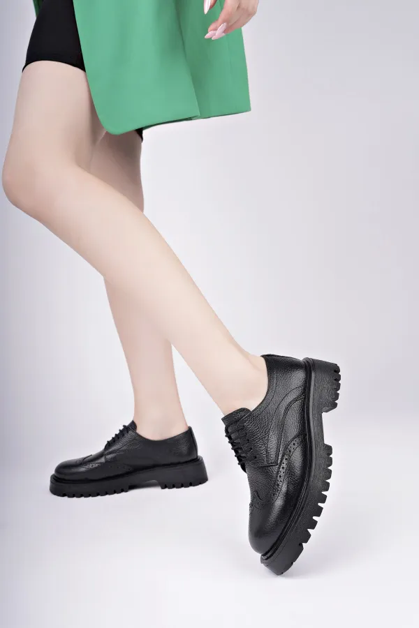 Muggo AMOUR  Bağcıklı Hakiki Deri Kalın Taban Günlük Casual Makosen Kadın Loafer Ayakkabı