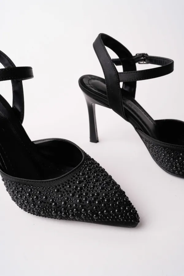 Muggo CLUJ Pearl Embellished Pointed Toe Ankle Strap Women's Dress High Heels