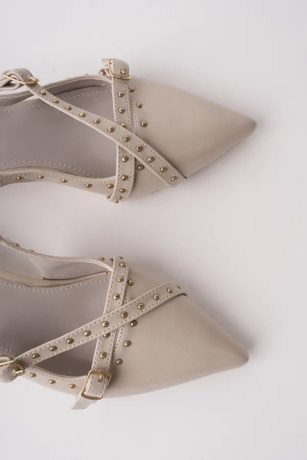 Chaussures à talons bas pour femmes Muggo JOLY, bout pointu et talon ouvert, avec accessoires métalliques