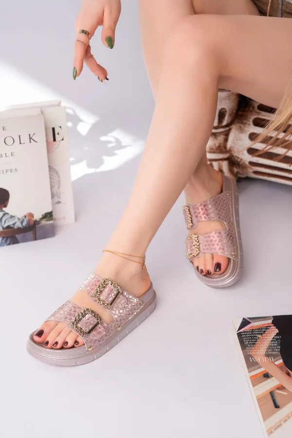 Muggo GLITZA Shiny Textured Double Buckle Casual Women's Slippers Muggo GLITZA Shiny Textured Double Buckle Casual Women's Slippers