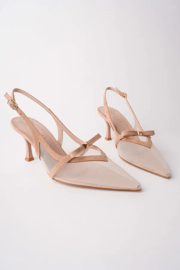 Escarpins à bout pointu et talon ouvert pour femme Muggo LOVER, ornés d'un nœud en résille.