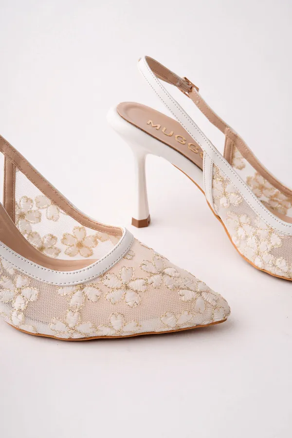 Chaussures habillées pour femmes Muggo ARIS à bout pointu et talon fin, ornées de dentelle