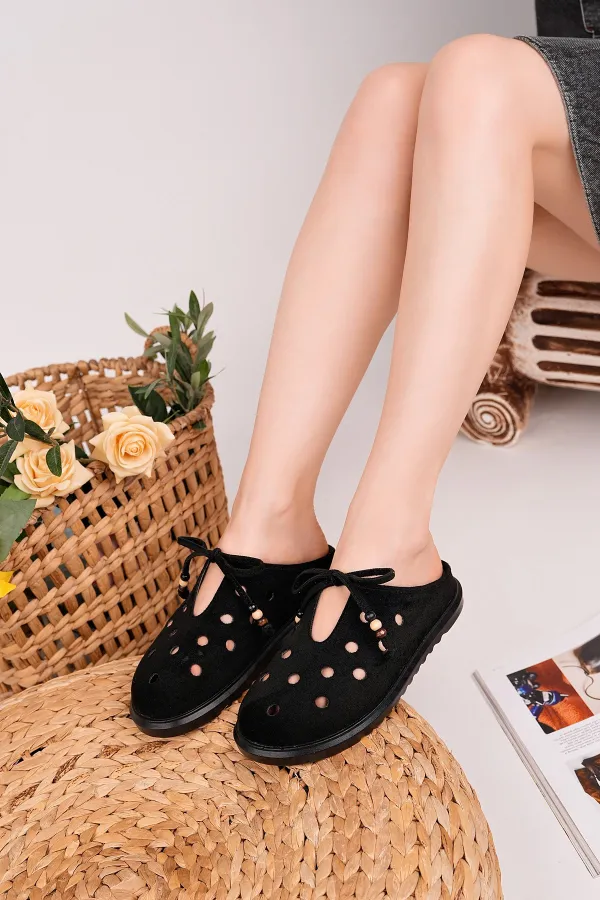 Muggo SHAMMY Suede Leather Perforated Lace-up Casual Closed Toe Women's Slippers Muggo SHAMMY Suede Leather Perforated Lace-up Casual Closed Toe Women's Slippers