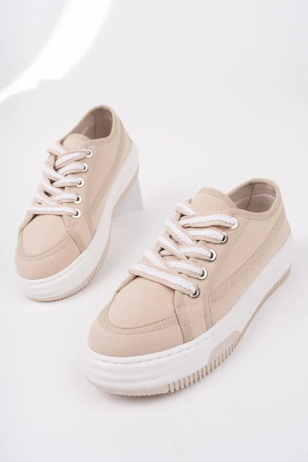 Muggo CARİNA Kalın Taban Keten Kumaş Bağcıklı Kadın Günlük Sneaker Spor Ayakkabı