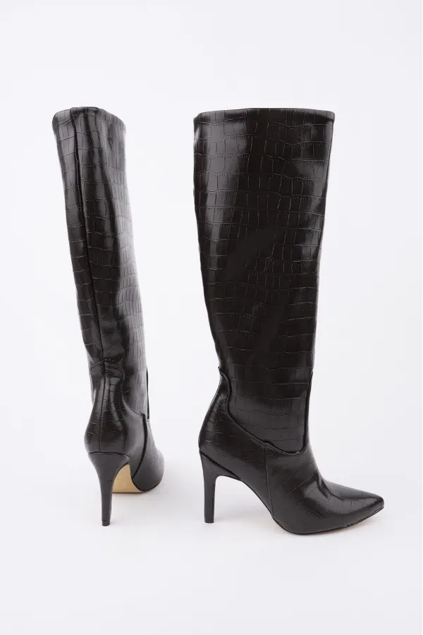 Muggo CLARİSSA Sivri Burun Kroko Desenli İnce Topuklu Kadın Çizme