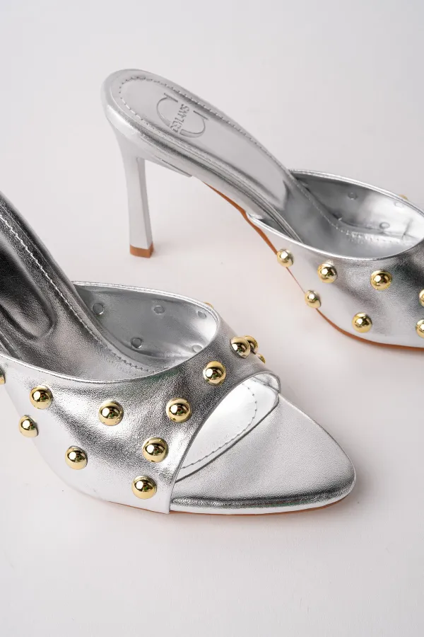 Muggo HELENA Women's Studded Pointed Toe Metal Detailed Stiletto Heeled Slippers