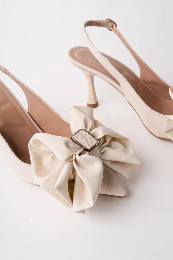 Muggo SISSY Satin Bow Buckle Pointed Toe Open Back Women's High Heels