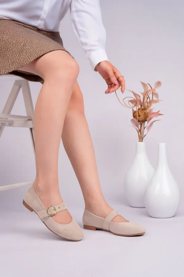 Muggo HALSEY Gold Tokalı Deri Kadın Babet Ayakkabı