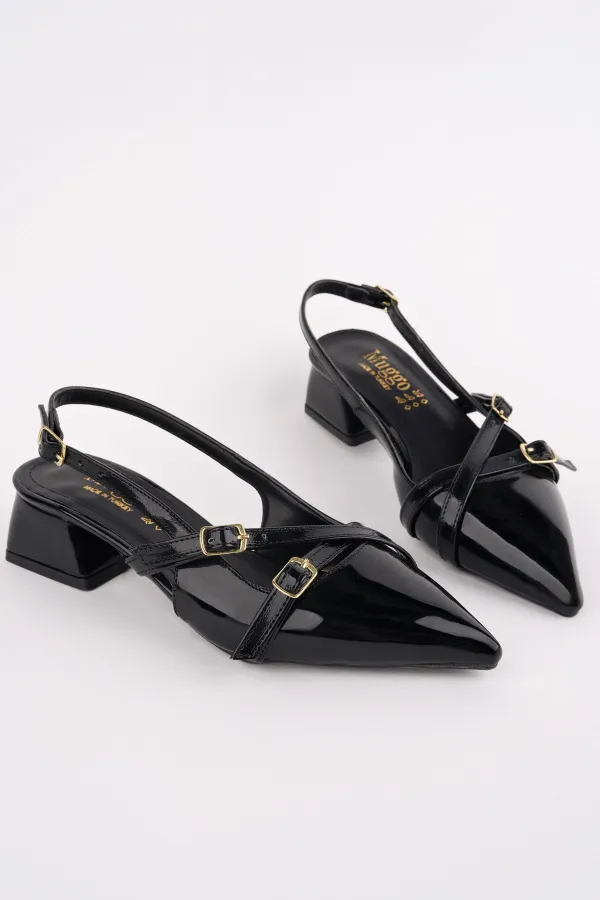 Muggo LUMINA Pointed Toe Open Back Belt Detail Two Strap Women's Low Heel Shoes