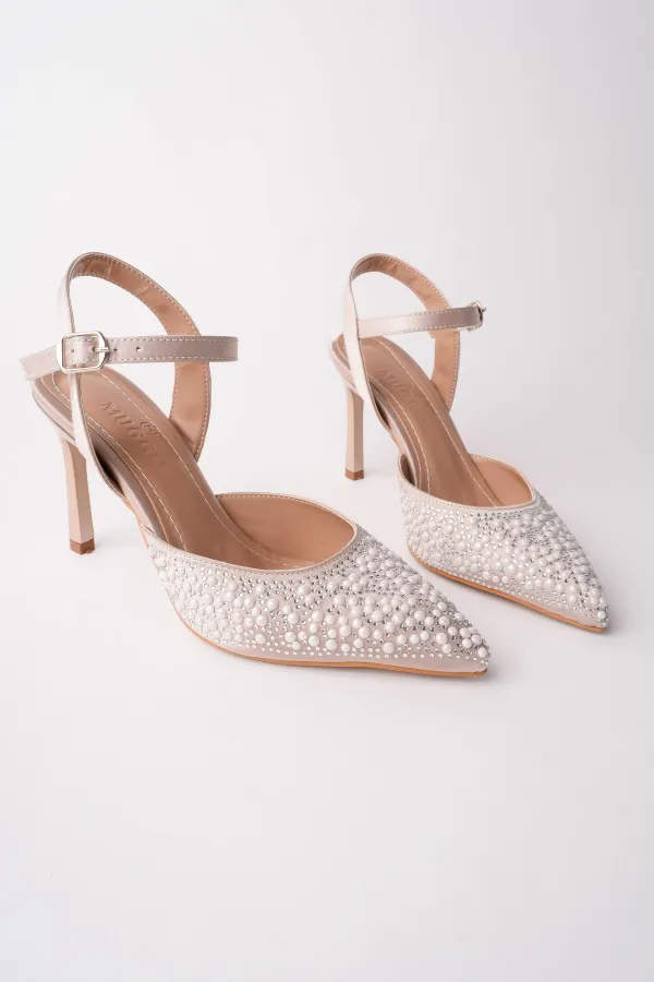 Muggo CLUJ Pearl Embellished Pointed Toe Ankle Strap Women's Dress High Heels
