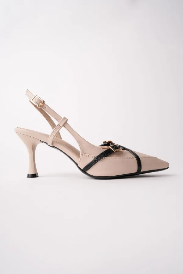 Chaussures à talons hauts pour femmes Muggo ICONS à bout pointu, talon ouvert et ceinture à deux brides