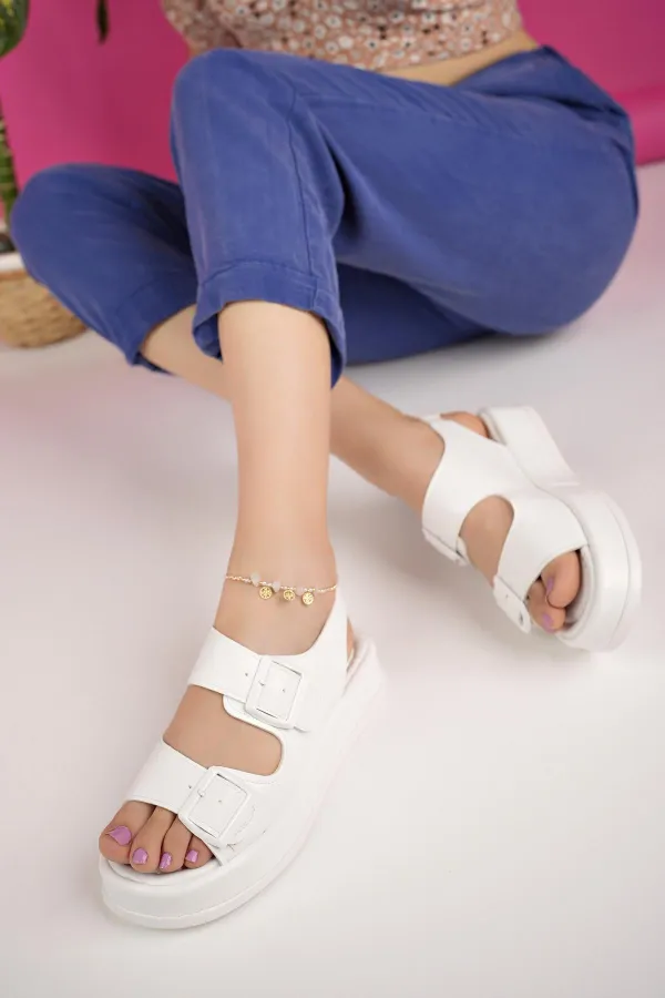 Muggo JASMINE Guaranteed Platform Heel Double Strap Buckle Detail Elastic Women's Sandals