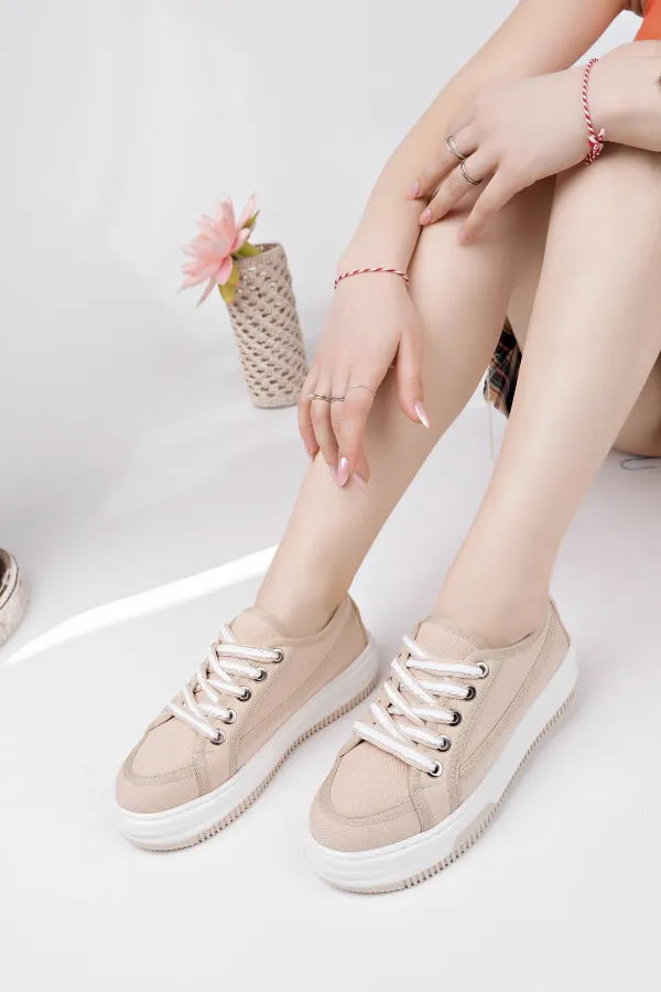 Muggo CARİNA Kalın Taban Keten Kumaş Bağcıklı Kadın Günlük Sneaker Spor Ayakkabı