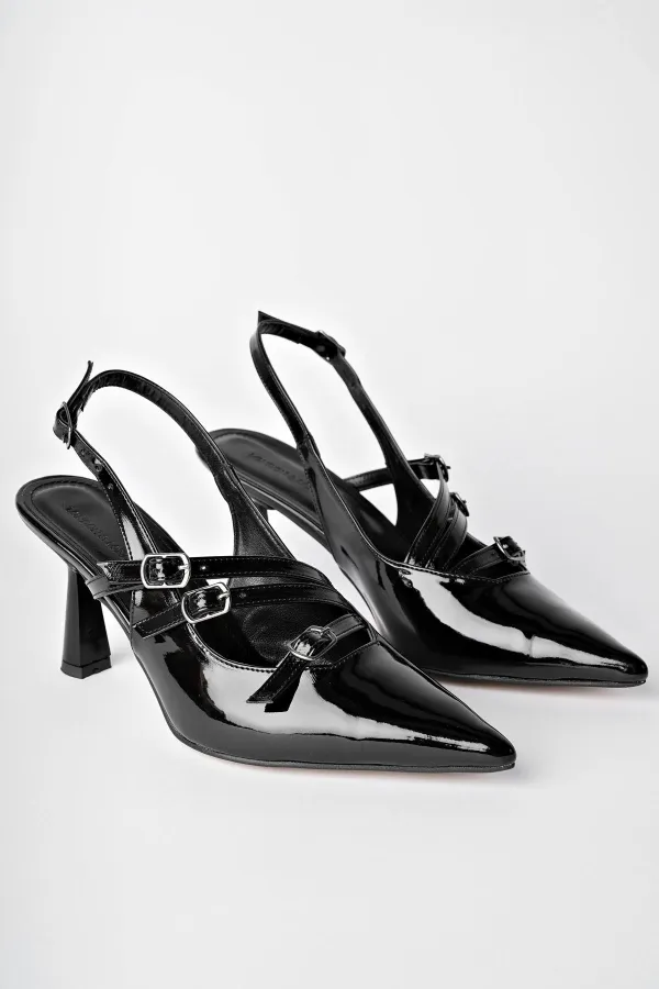 Muggo KİDMAN Garantili Arkası Açık Kemer Detaylı Üç Bantlı Rugan Kadın Topuklu Ayakkabı