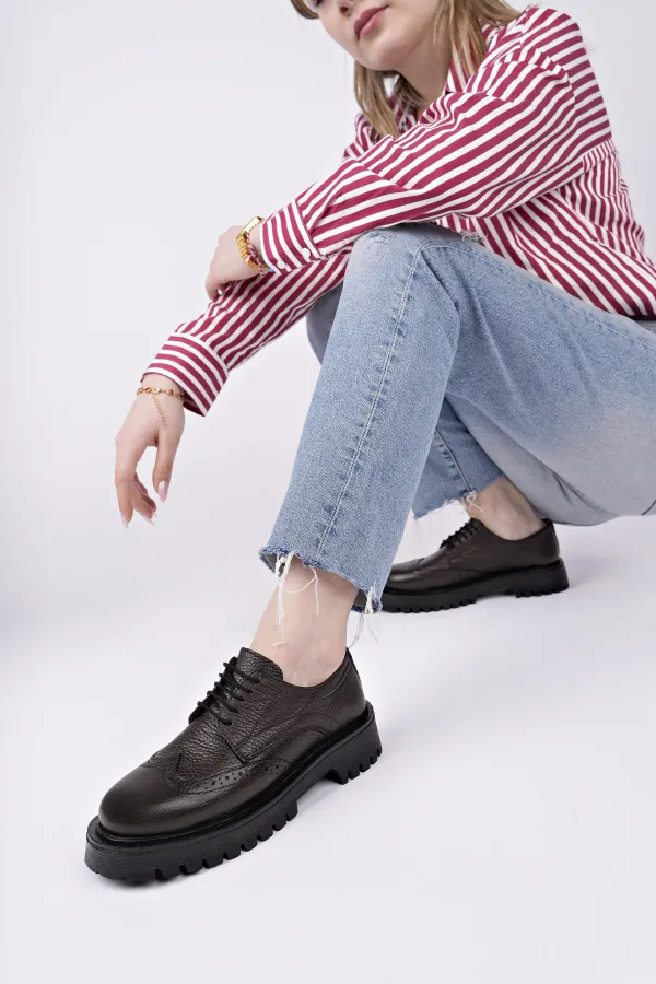 Muggo AMOUR  Bağcıklı Hakiki Deri Kalın Taban Günlük Casual Makosen Kadın Loafer Ayakkabı