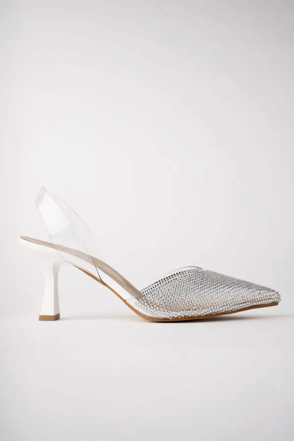 Muggo JULİET Garantili Kadın Sivri Burun Parlak Taşlı Arkası Açık Şeffaf Bantlı Topuklu Ayakkabı