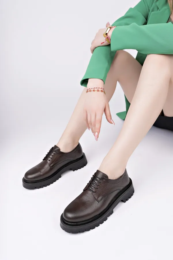 Muggo BLANCA  Bağcıklı Hakiki Deri Kalın Taban Günlük Casual Makosen Kadın Loafer Ayakkabı