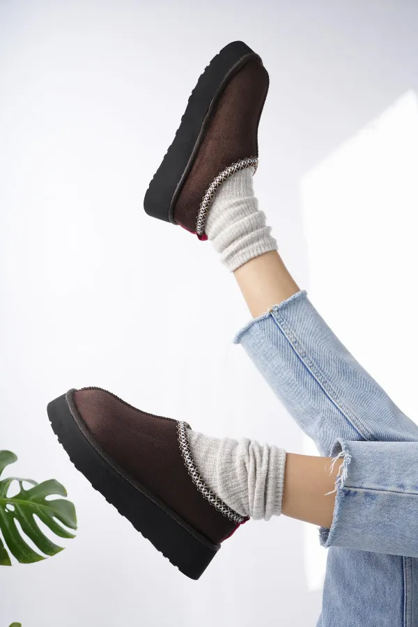 Muggo LİNG Garantili Kalın Taban Içi Tüylü Yuvarlak Burunlu Kadın Terlik